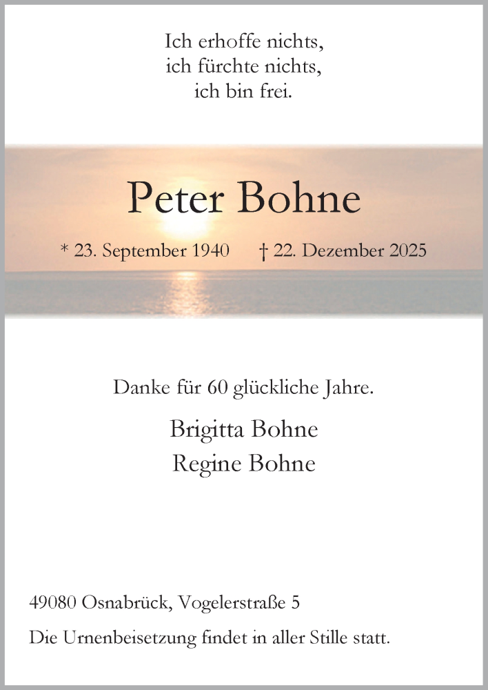 NOZ online Peter Bohne Traueranzeige